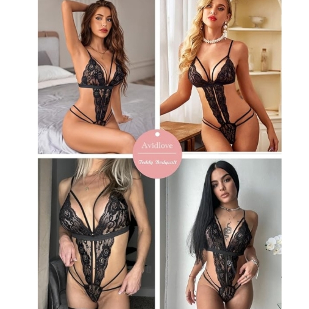 One Piece Lingerie Deep V Lace Bodysuit Babydoll Teddy Nightie - Picture 3 of 6